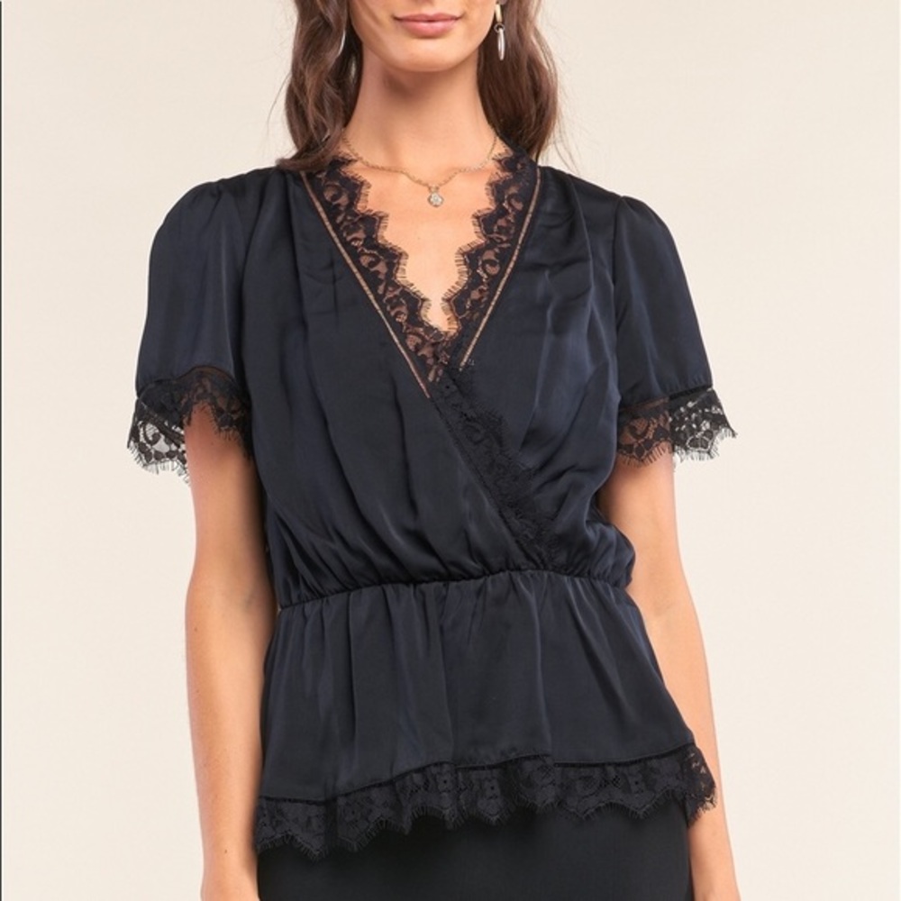 The Good Life Silky Satin Peplum Lace V Neck Top